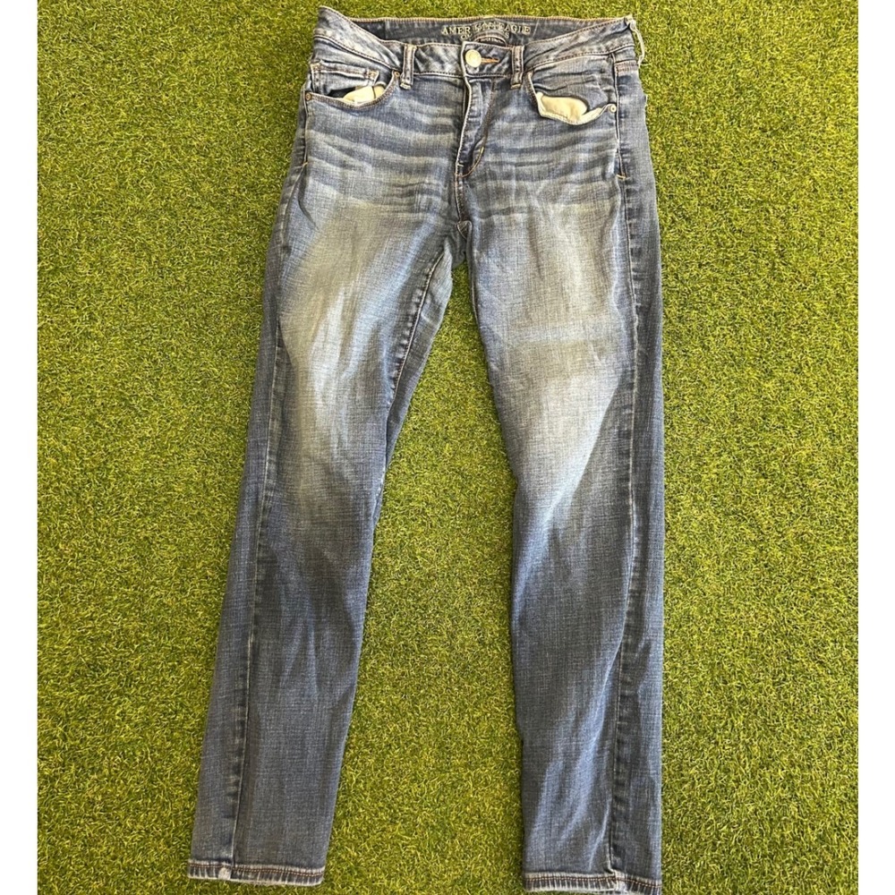 American Eagle Super Stretch Skinny Jeans Medium Wash Blue Denim Womens 10 Short